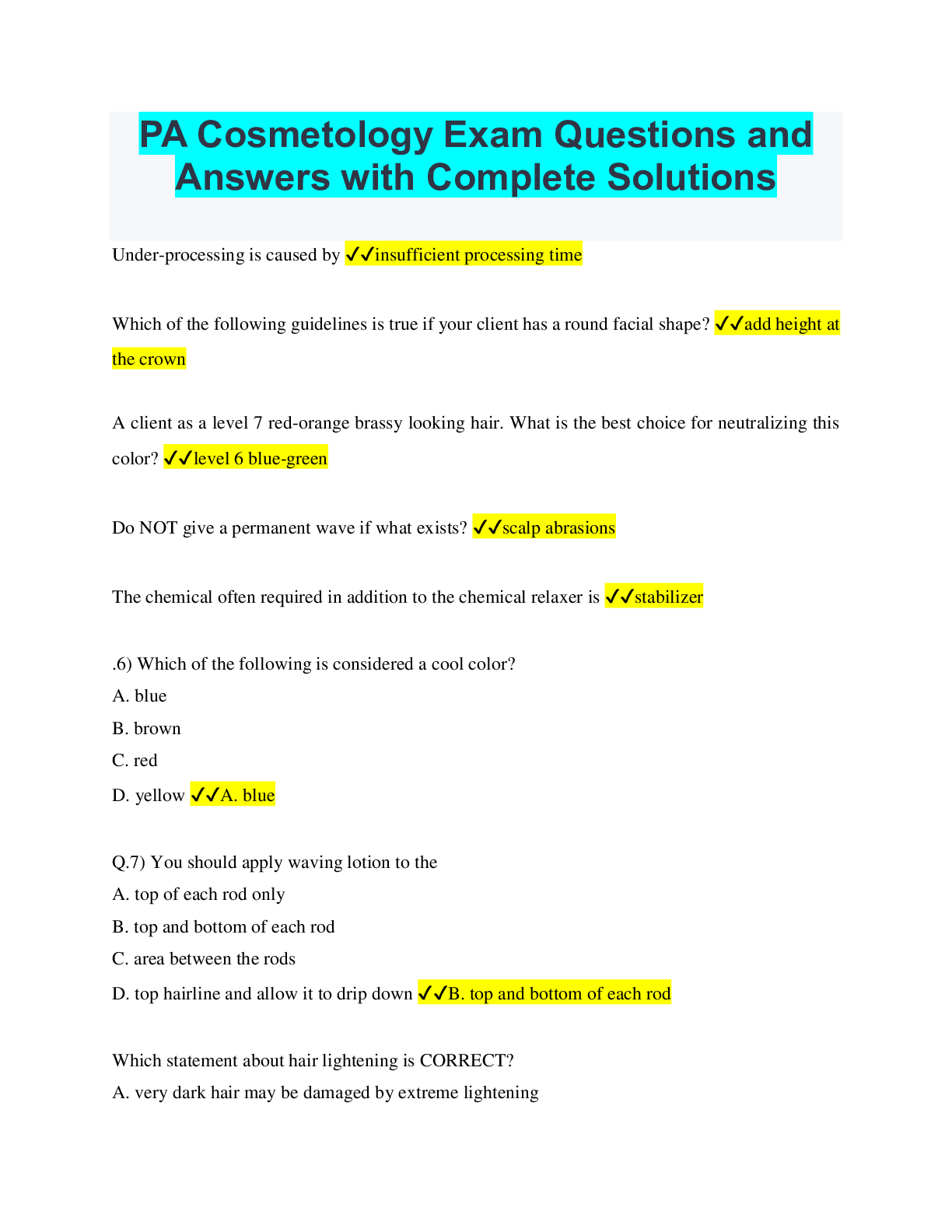 PA Cosmetology Exam Questions and Answers with Complete Solutions